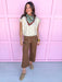 Jincy's Women's Boutique Autumn Edit Everyday Wear Fall Transition Styles Brown Wide Leg Pants with Ivory Crochet Stitching Entro H13018