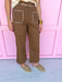 Jincy's Women's Boutique Autumn Edit Everyday Wear Fall Transition Styles Brown Wide Leg Pants with Ivory Crochet Stitching Entro H13018