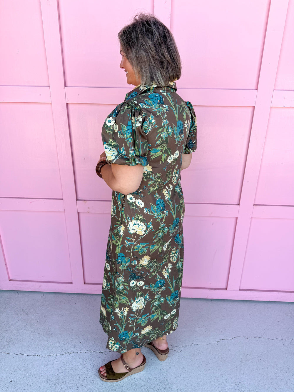 Jincy's Women's Boutique Autumn Edit Everyday Wear Fall Transition Styles Brown and Jade Floral Midi Maxi Dress Puff Sleeves TCEC CD07391 