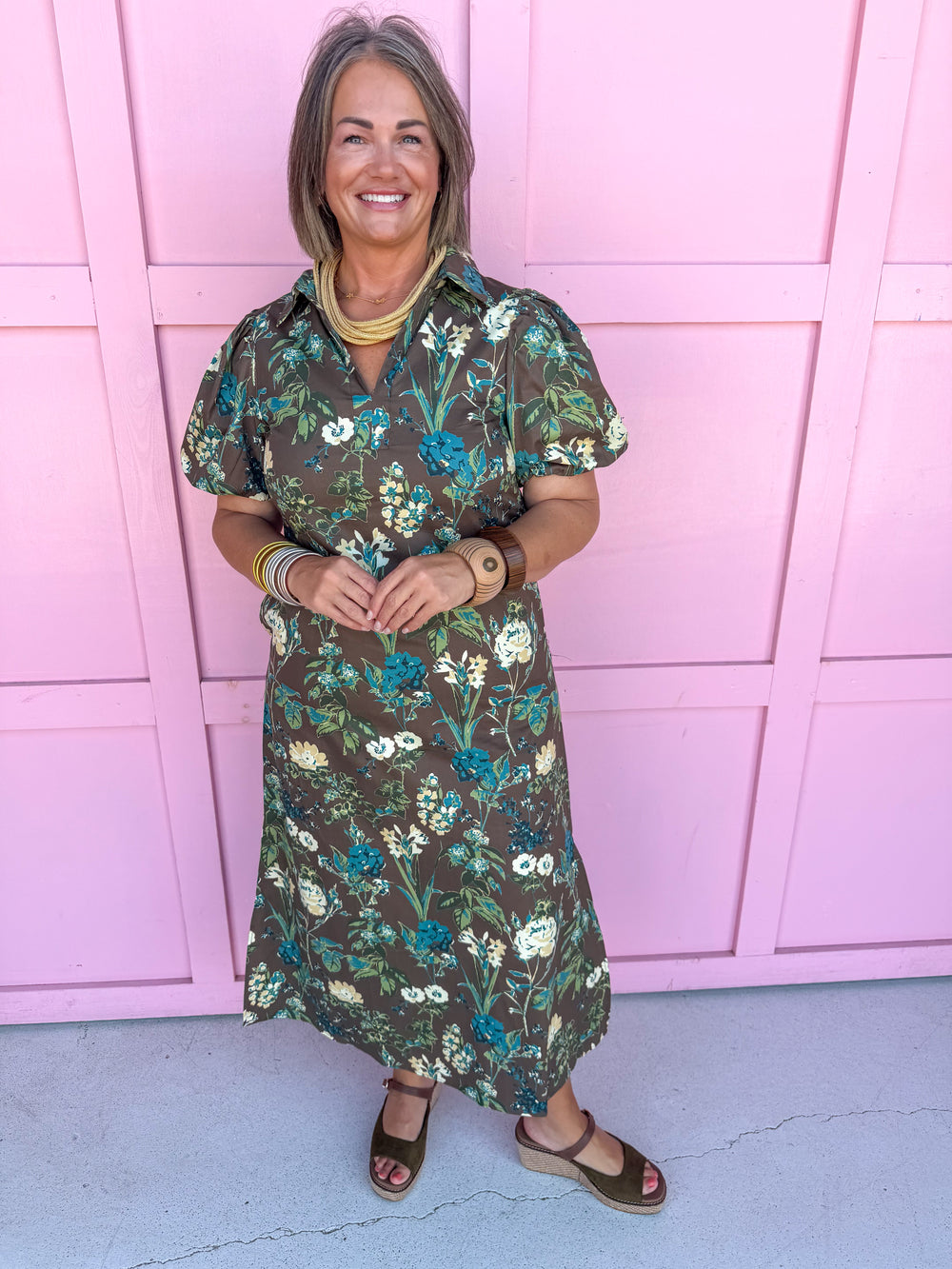 Jincy's Women's Boutique Autumn Edit Everyday Wear Fall Transition Styles Brown and Jade Floral Midi Maxi Dress Puff Sleeves TCEC CD07391