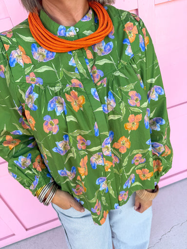 Jincy's Women's Boutique Autumn Edit Everyday Wear Fall Transition Styles Green Orange Blue Floral Print Long Sleeve Top Entro T28276