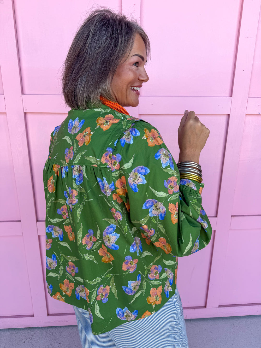 Jincy's Women's Boutique Autumn Edit Everyday Wear Fall Transition Styles Green Orange Blue Floral Print Long Sleeve Top Entro T28276
