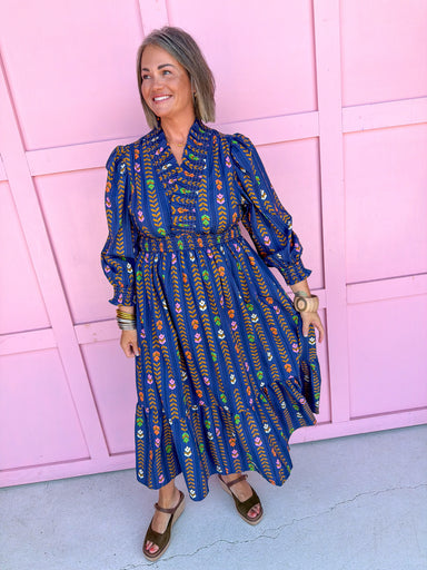 Jincy's Women's Boutique Autumn Edit Everyday Wear Fall Transition Styles Long Sleeve Navy Floral Midi Maxi Dress Umgee C5448
