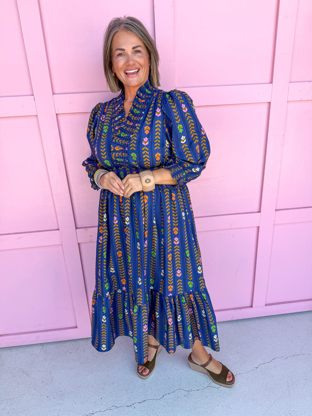 Jincy's Women's Boutique Autumn Edit Everyday Wear Fall Transition Styles Long Sleeve Navy Floral Midi Maxi Dress Umgee C5448