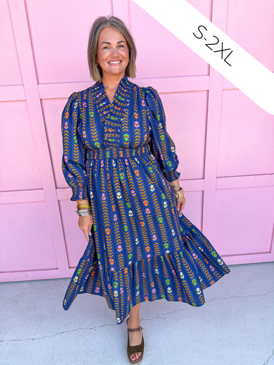 Jincy's Women's Boutique Autumn Edit Everyday Wear Fall Transition Styles Long Sleeve Navy Floral Midi Maxi Dress Umgee C5448