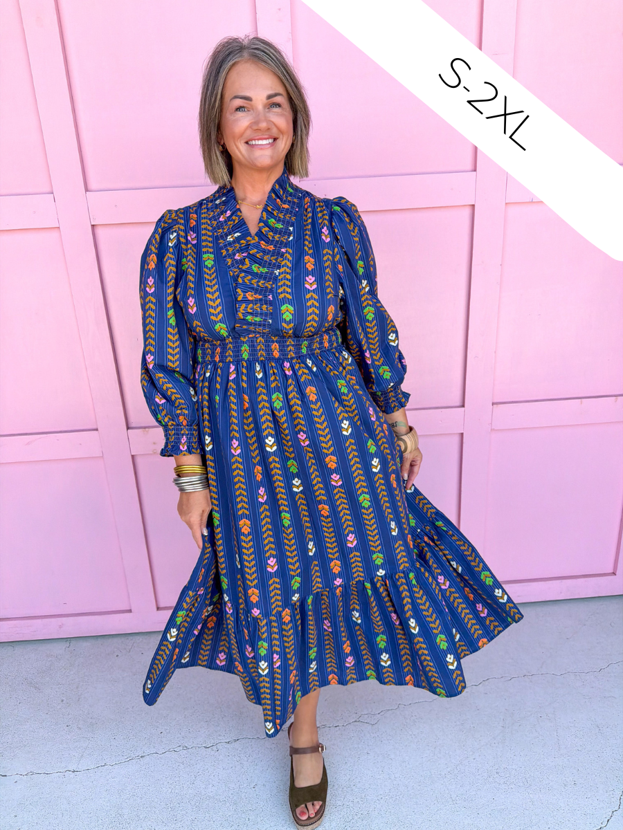 Jincy's Women's Boutique Autumn Edit Everyday Wear Fall Transition Styles Long Sleeve Navy Floral Midi Maxi Dress Umgee C5448