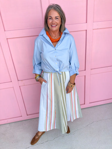 Jincy's Women's Boutique Autumn Edit Fall Transition Style Mixed Stripes Olive Blue Orange Midi Maxi Skirt Polagram PSK5469