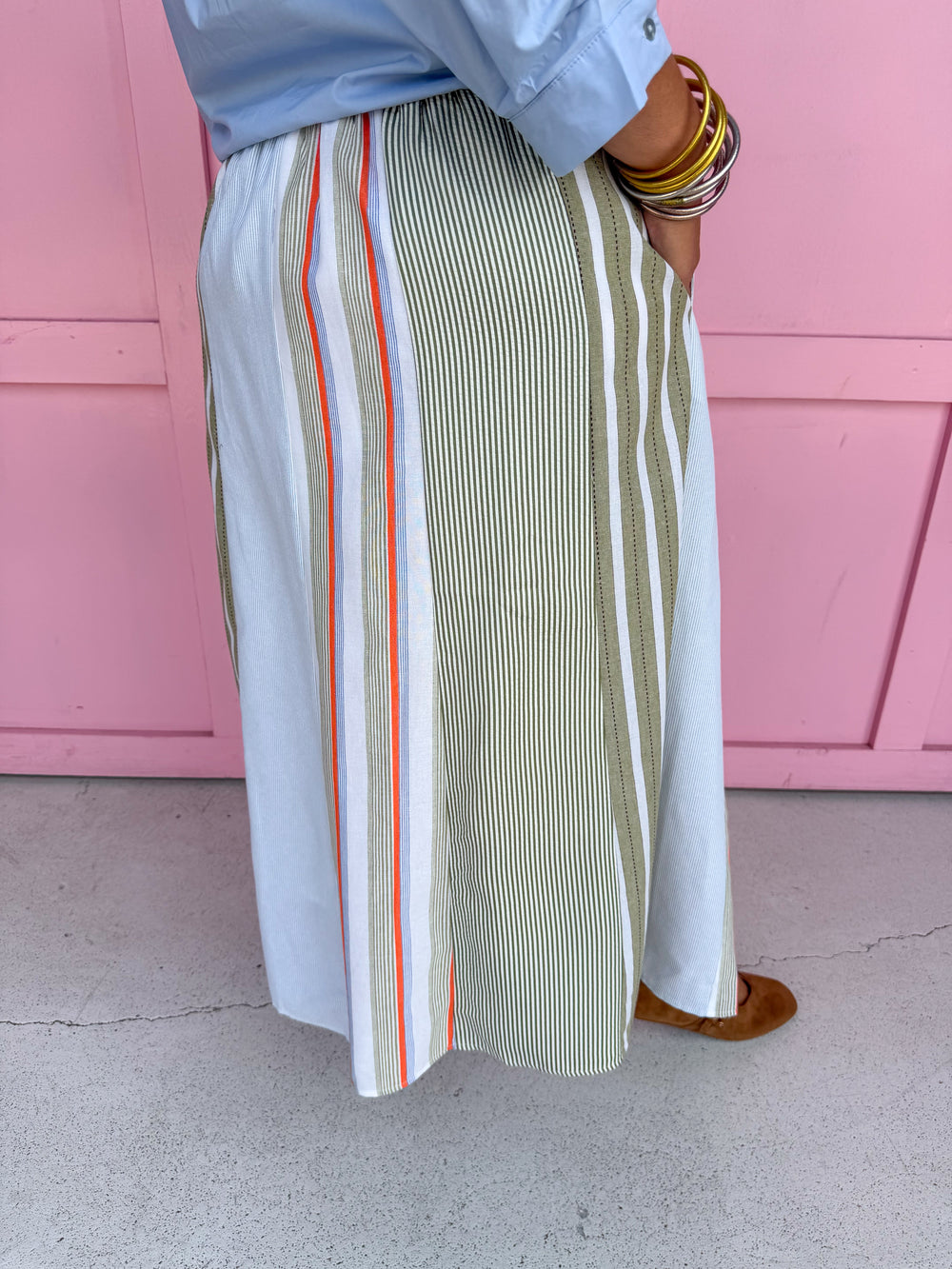 Jincy's Women's Boutique Autumn Edit Fall Transition Style Mixed Stripes Olive Blue Orange Midi Maxi Skirt Polagram PSK5469