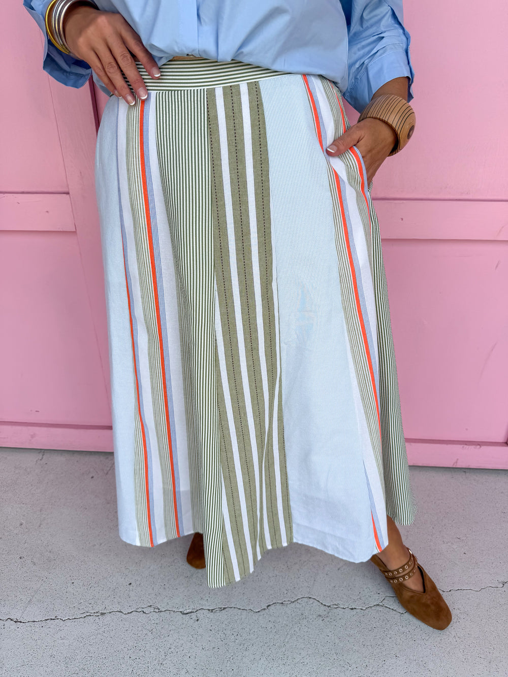 Jincy's Women's Boutique Autumn Edit Fall Transition Style Mixed Stripes Olive Blue Orange Midi Maxi Skirt Polagram PSK5469