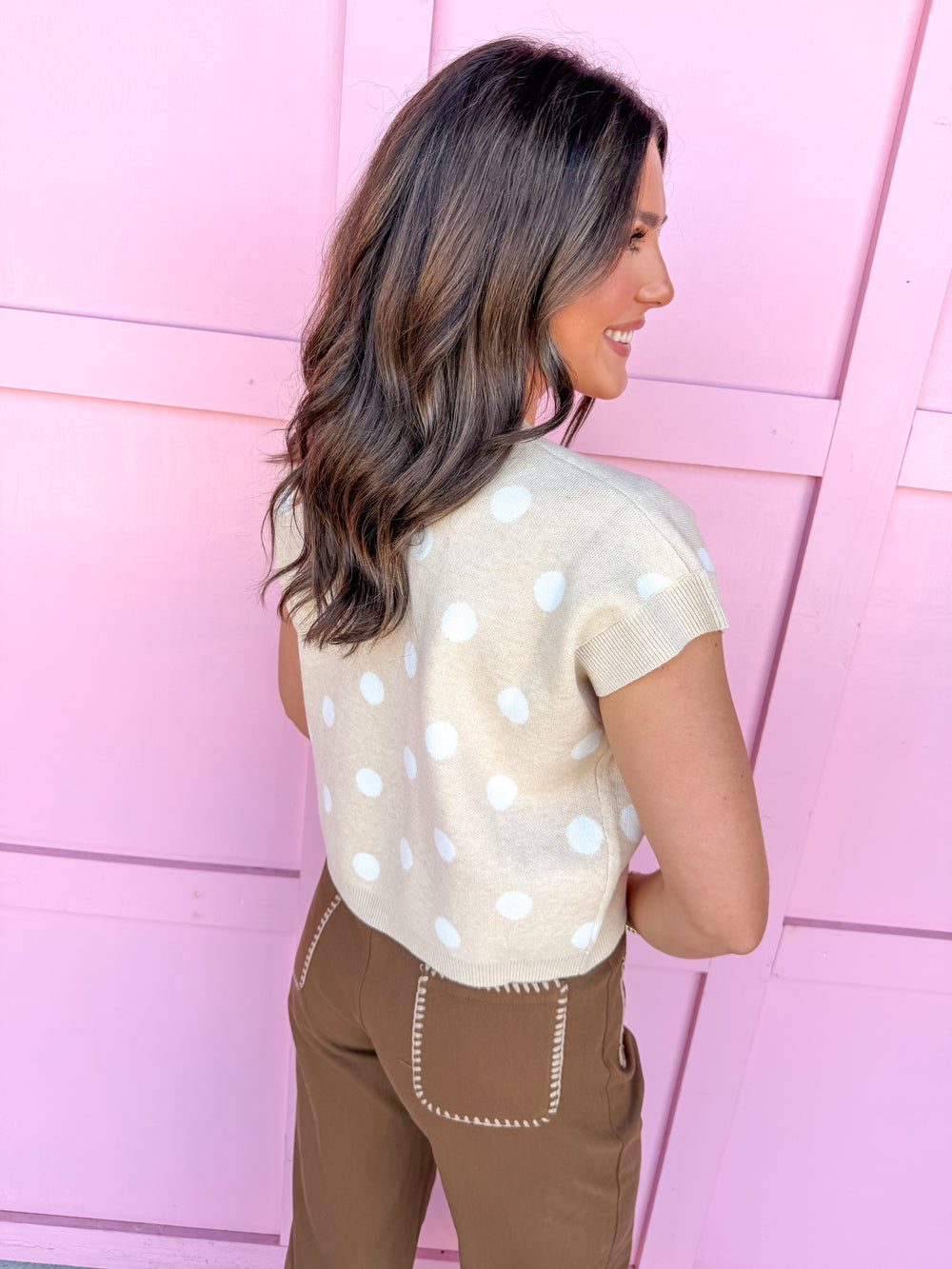 Jincy's Women's Boutique Autumn Edit Fall Transition Styles Everyday Wear Ivory Short Sleeve Knit Top with White Polka Dots BiBi