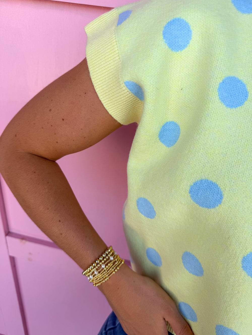 Jincy's Women's Boutique Autumn Edit Fall Transition Styles Everyday Wear Yellow Short Sleeve Knit Top with Blue Polka Dots BiBi