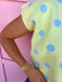 Jincy's Women's Boutique Autumn Edit Fall Transition Styles Everyday Wear Yellow Short Sleeve Knit Top with Blue Polka Dots BiBi