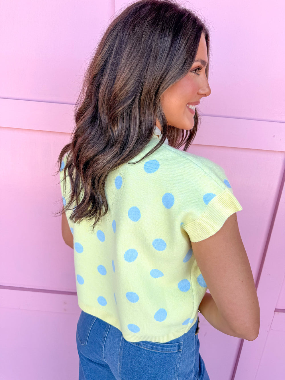 Jincy's Women's Boutique Autumn Edit Fall Transition Styles Everyday Wear Yellow Short Sleeve Knit Top with Blue Polka Dots BiBi