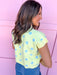 Jincy's Women's Boutique Autumn Edit Fall Transition Styles Everyday Wear Yellow Short Sleeve Knit Top with Blue Polka Dots BiBi