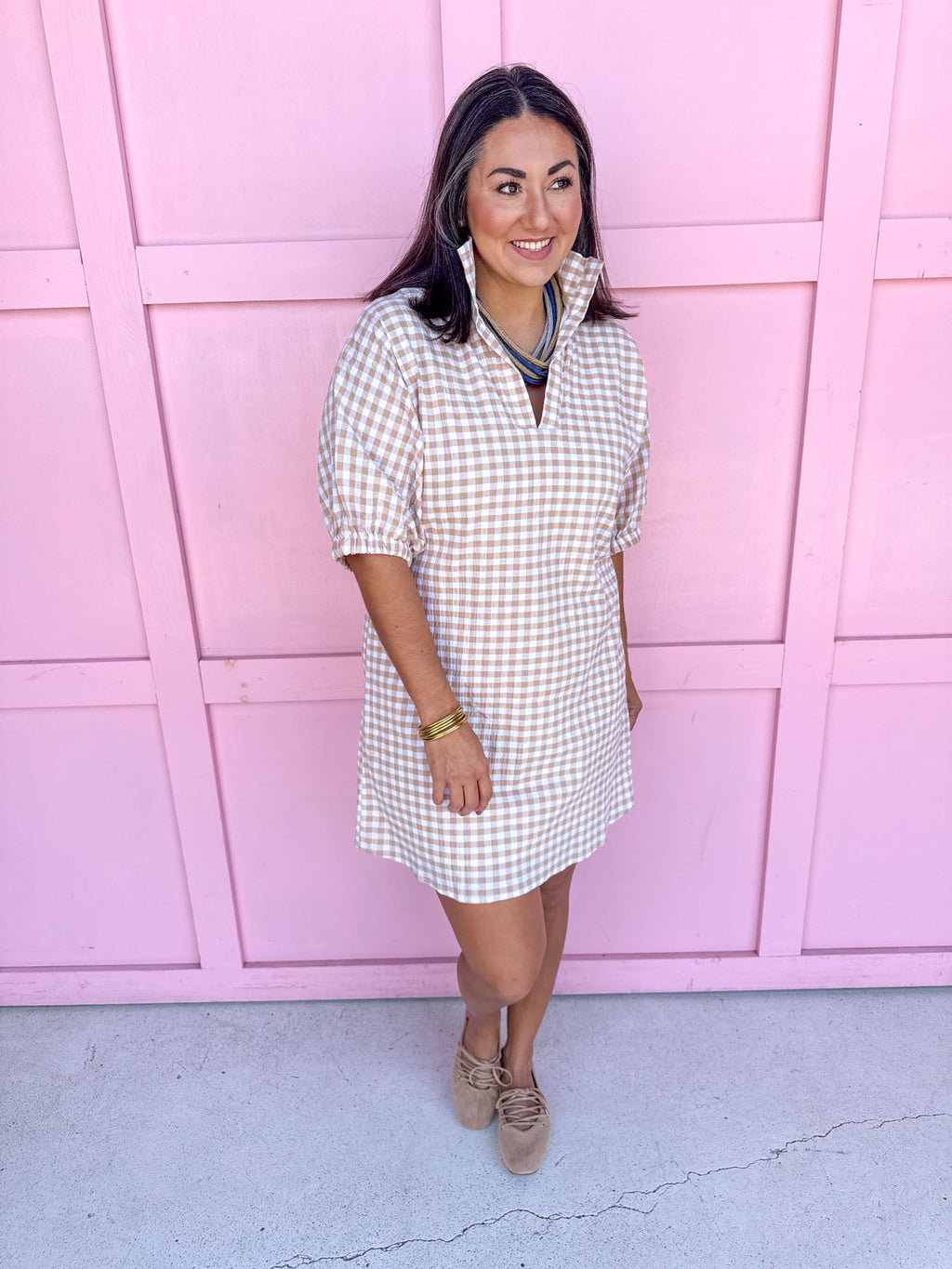 Jincy's Women's Boutique Charlotte Collared Mini Dress Biscuit Seer Gingham Adrienne
