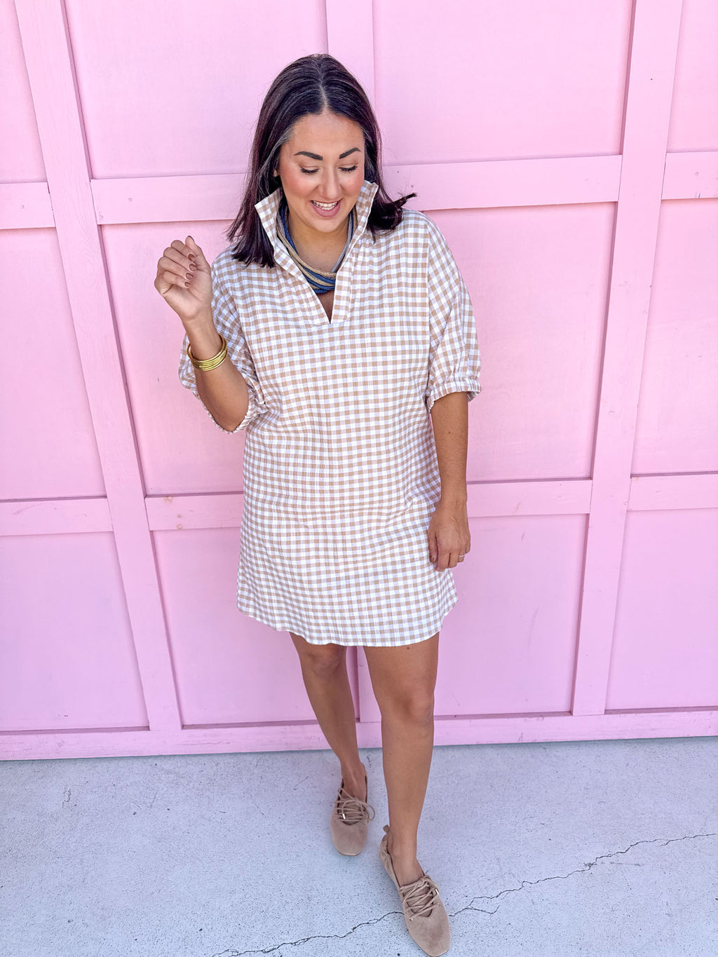 Jincy's Women's Boutique Charlotte Collared Mini Dress Biscuit Seer Gingham Adrienne