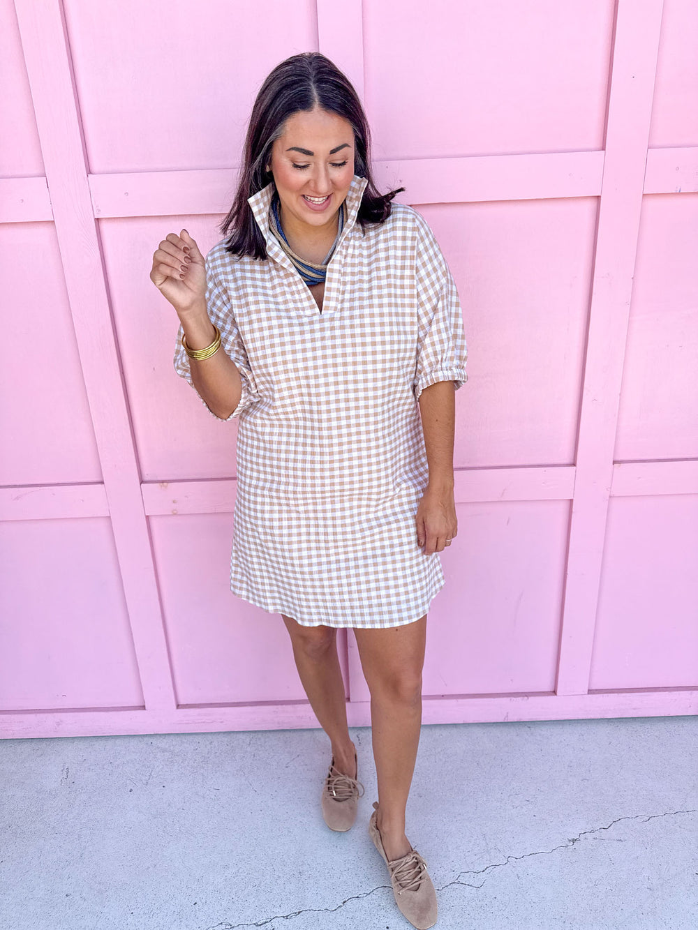 Jincy's Women's Boutique Charlotte Collared Mini Dress Biscuit Seer Gingham Adrienne