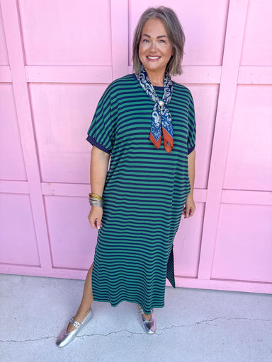 Jincy's Women's Boutique Every Stripe Midi Maxi Navy & green Dress Everyday Wear Entro D30434