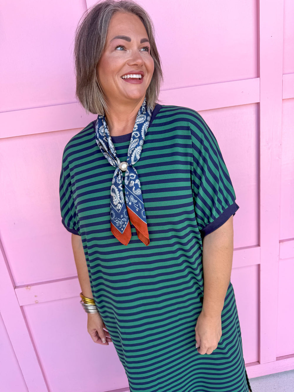 Jincy's Women's Boutique Every Stripe Midi Maxi Navy & green Dress Everyday Wear Entro D30434