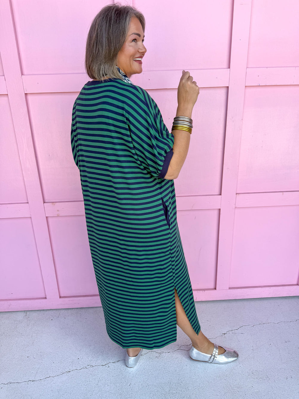 Jincy's Women's Boutique Every Stripe Midi Maxi Navy & green Dress Everyday Wear Entro D30434