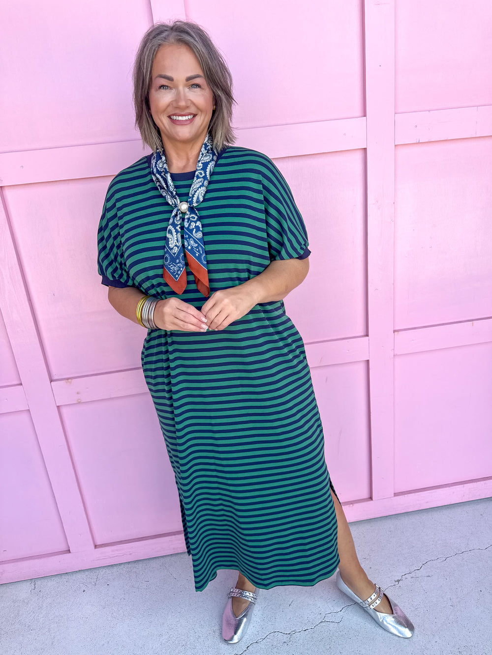 Jincy's Women's Boutique Every Stripe Midi Maxi Navy & green Dress Everyday Wear Entro D30434
