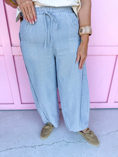 Jincy's Women's Boutique Fall Transition Styles Autumn Edit Pinstripe Barrel Leg Pants Elastic Waistband Everyday Wear In Feburary J3079P