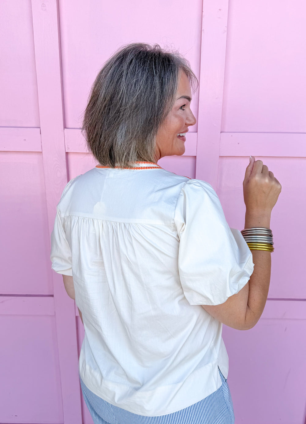 Jincy's Women's Boutique Fall Transition Styles Autumn Edit Short Sleeve Ivory Top with Orange Embroidery Jodifl G15637