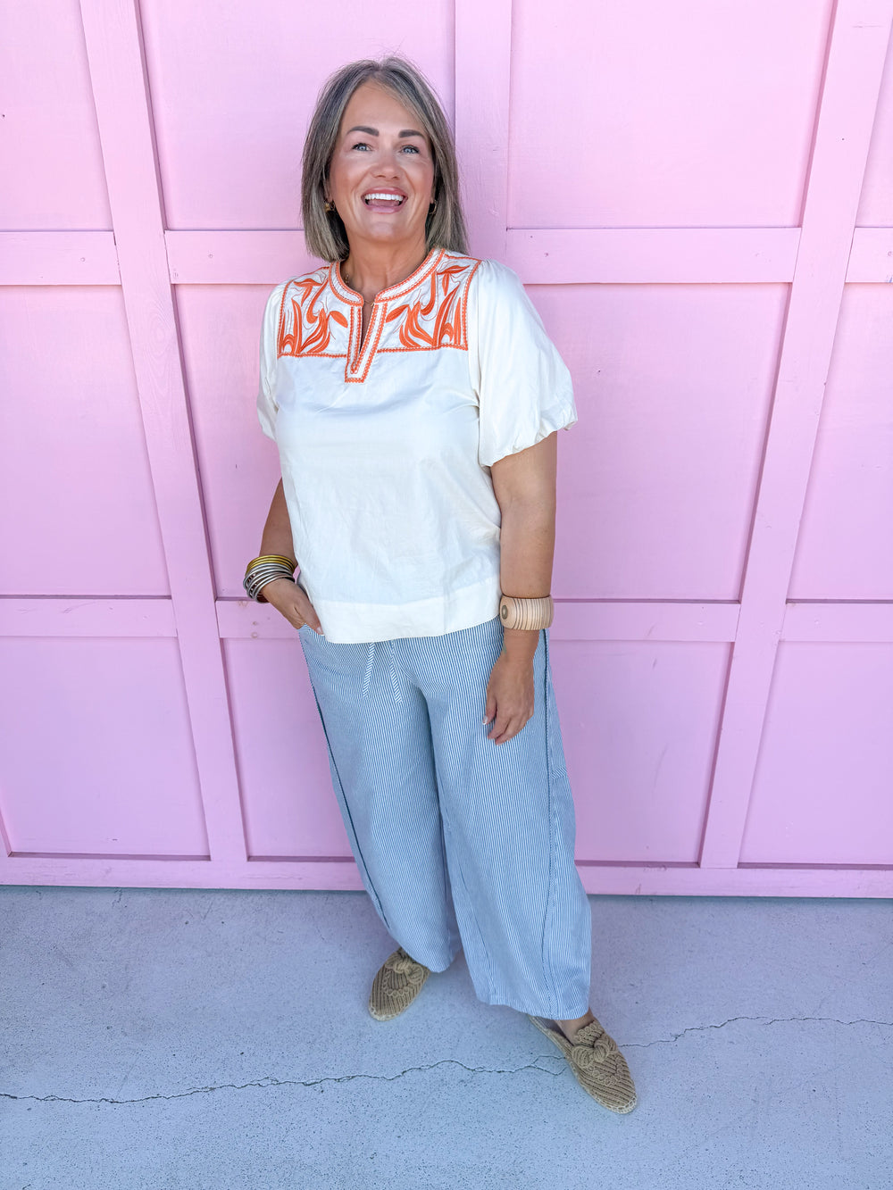 Jincy's Women's Boutique Fall Transition Styles Autumn Edit Short Sleeve Ivory Top with Orange Embroidery Jodifl G15637