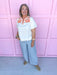 Jincy's Women's Boutique Fall Transition Styles Autumn Edit Short Sleeve Ivory Top with Orange Embroidery Jodifl G15637