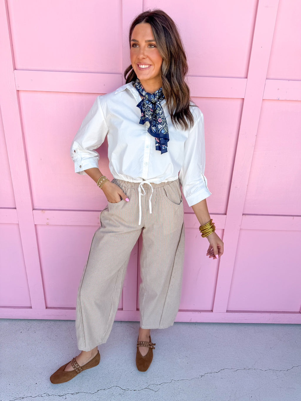 Jincy's Women's Boutique Fall Transition Styles Everyday Wear Autumn Edit Classic Twist Collared Button Up Top with Drawstring Jodifl B13560