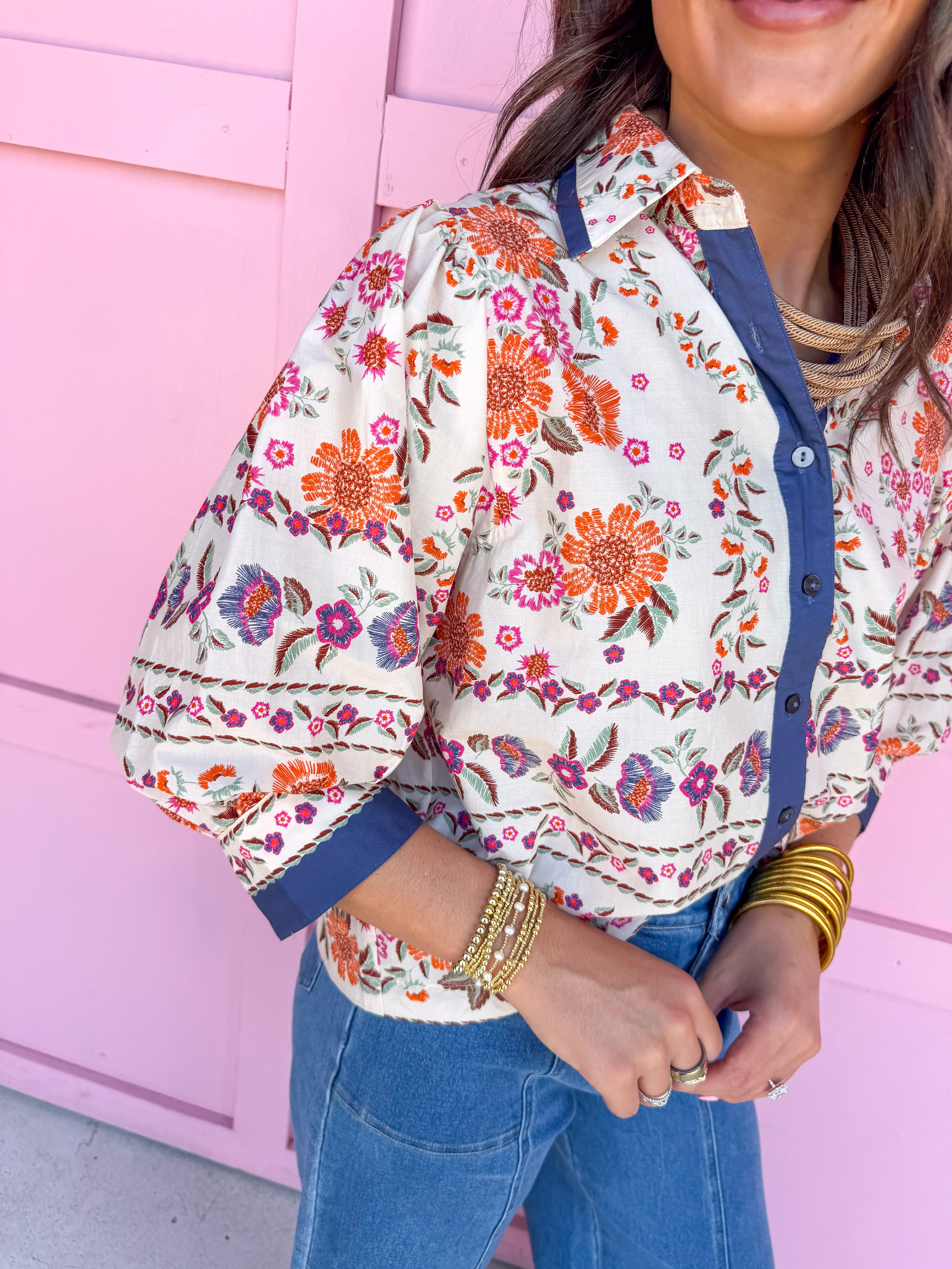 Jincy's Women's Boutique Fall Transition Styles Everyday Wear Autumn Edit Fall Orange Navy Floral Top 3/4 Sleeve Top Jodifl T32341