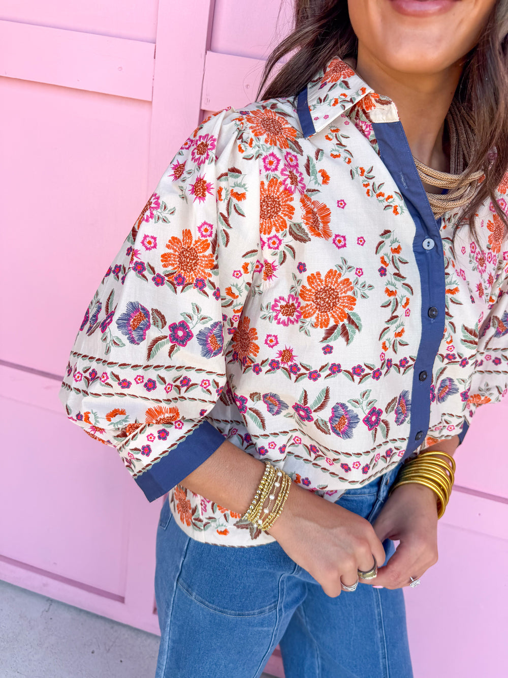 Jincy's Women's Boutique Fall Transition Styles Everyday Wear Autumn Edit Fall Orange Navy Floral Top 3/4 Sleeve Top Jodifl T32341
