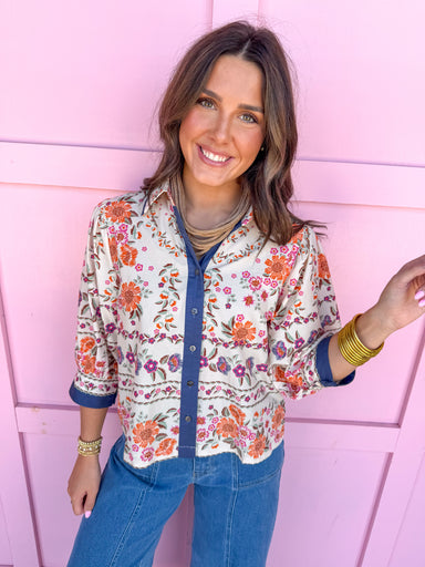 Jincy's Women's Boutique Fall Transition Styles Everyday Wear Autumn Edit Fall Orange Navy Floral Top 3/4 Sleeve Top Jodifl T32341