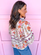 Jincy's Women's Boutique Fall Transition Styles Everyday Wear Autumn Edit Fall Orange Navy Floral Top 3/4 Sleeve Top Jodifl T32341