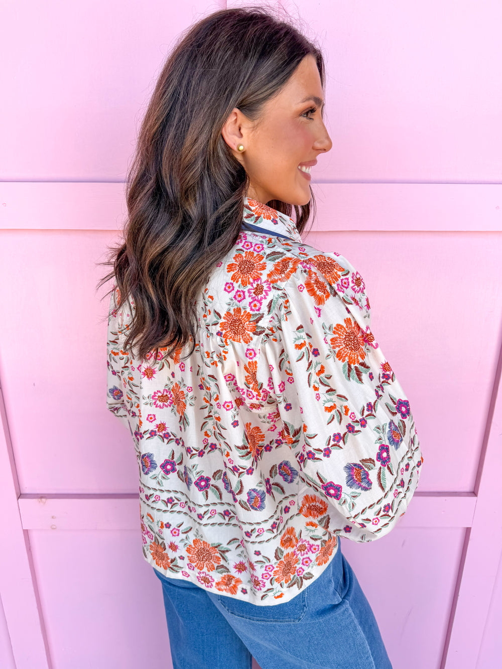 Jincy's Women's Boutique Fall Transition Styles Everyday Wear Autumn Edit Fall Orange Navy Floral Top 3/4 Sleeve Top Jodifl T32341