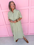 Jincy's Women's Boutique Fall Transition Styles Everyday Wear Autumn Edit Olive Tent Style Gingham Midi Maxi Dress Entro D31501