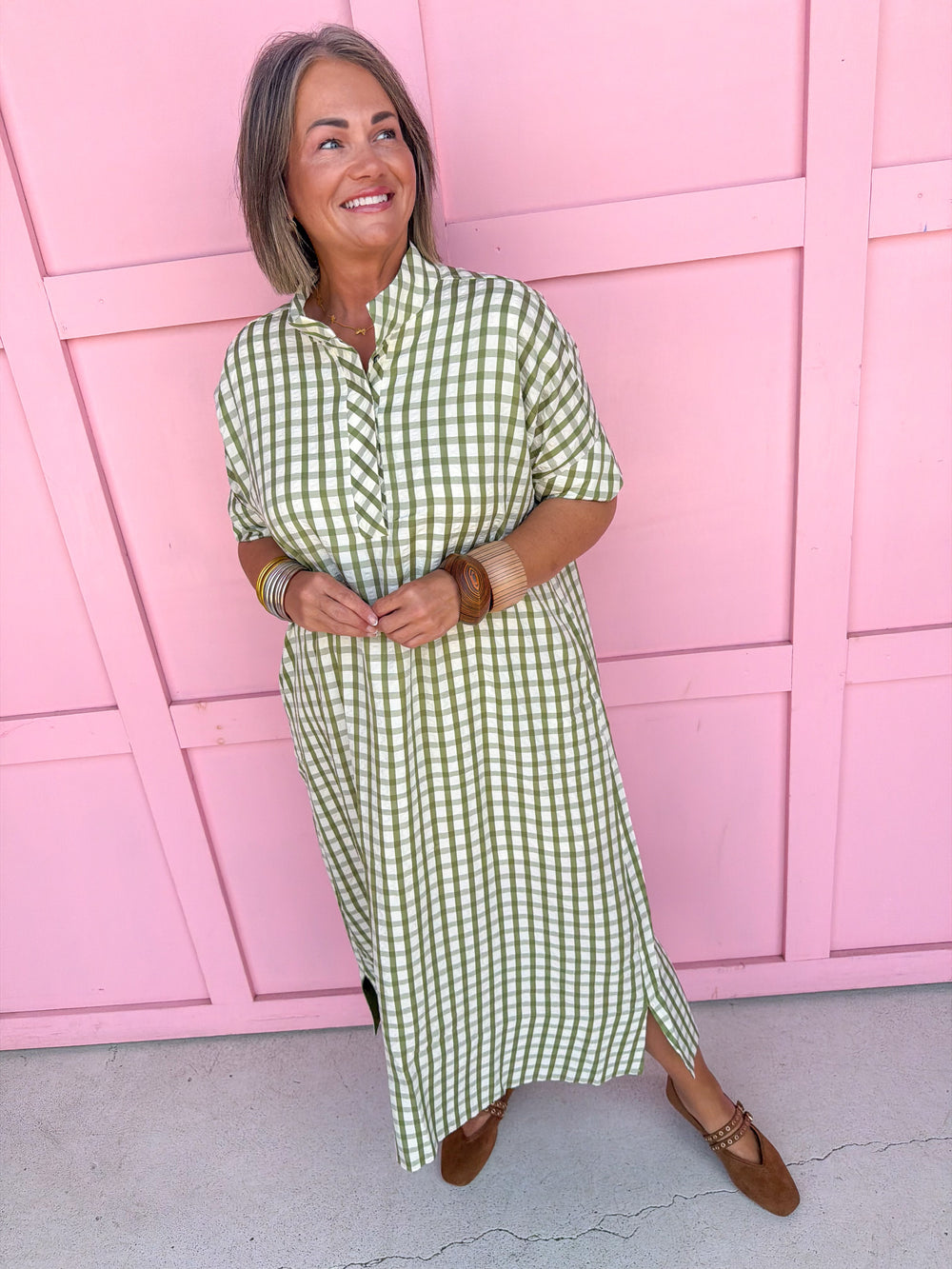 Jincy's Women's Boutique Fall Transition Styles Everyday Wear Autumn Edit Olive Tent Style Gingham Midi Maxi Dress Entro D31501