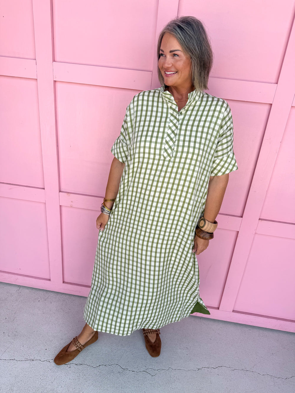 Jincy's Women's Boutique Fall Transition Styles Everyday Wear Autumn Edit Olive Tent Style Gingham Midi Maxi Dress Entro D31501
