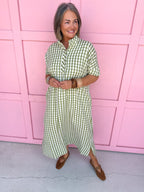 Jincy's Women's Boutique Fall Transition Styles Everyday Wear Autumn Edit Olive Tent Style Gingham Midi Maxi Dress Entro D31501