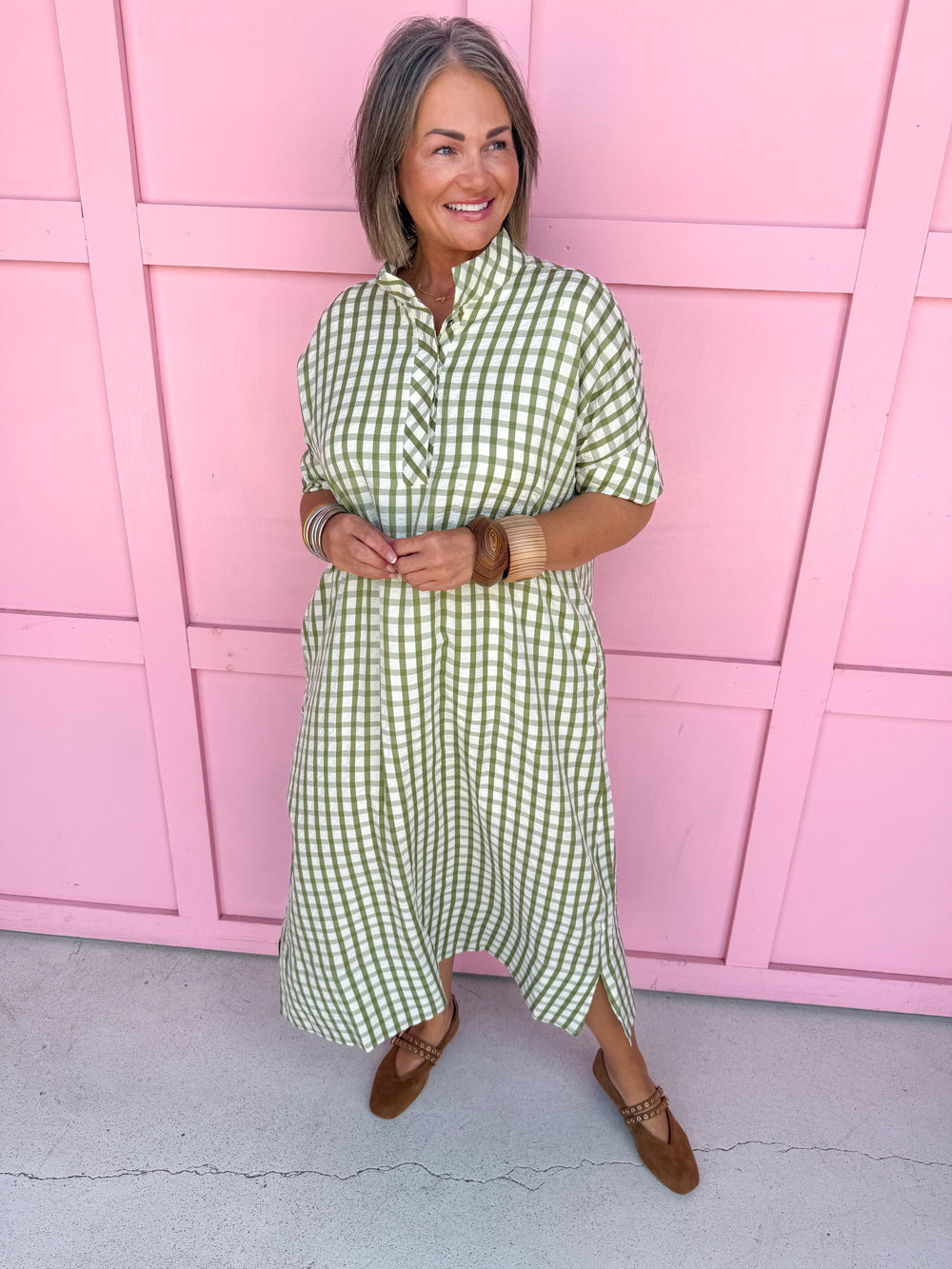 Jincy's Women's Boutique Fall Transition Styles Everyday Wear Autumn Edit Olive Tent Style Gingham Midi Maxi Dress Entro D31501