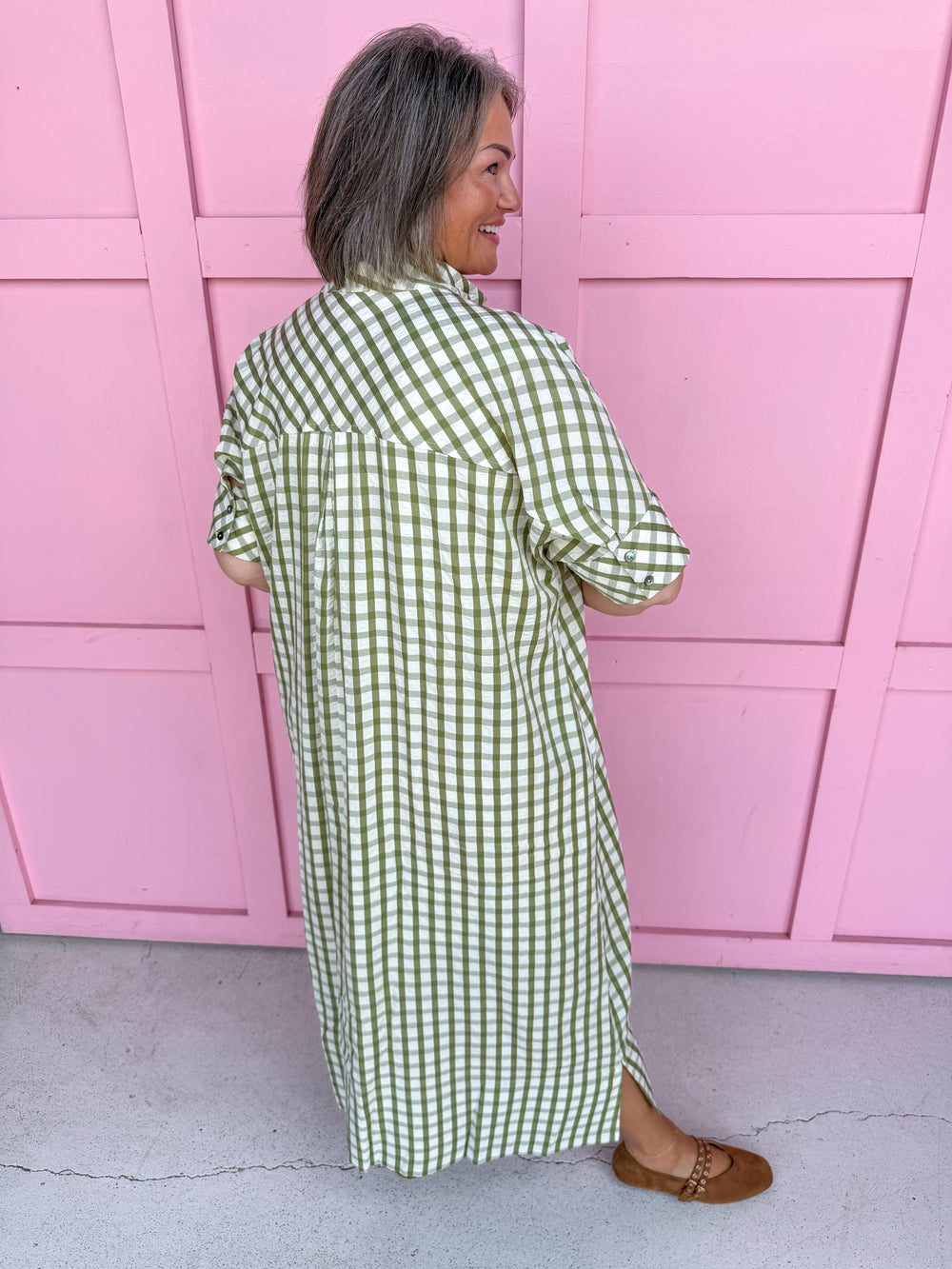 Jincy's Women's Boutique Fall Transition Styles Everyday Wear Autumn Edit Olive Tent Style Gingham Midi Maxi Dress Entro D31501