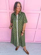 Jincy's Women's Boutique Fall Transition Styles Everyday Wear Autumn Edit Olive Tent Style Ivory Polka Dot Midi Maxi Dress Entro D32667