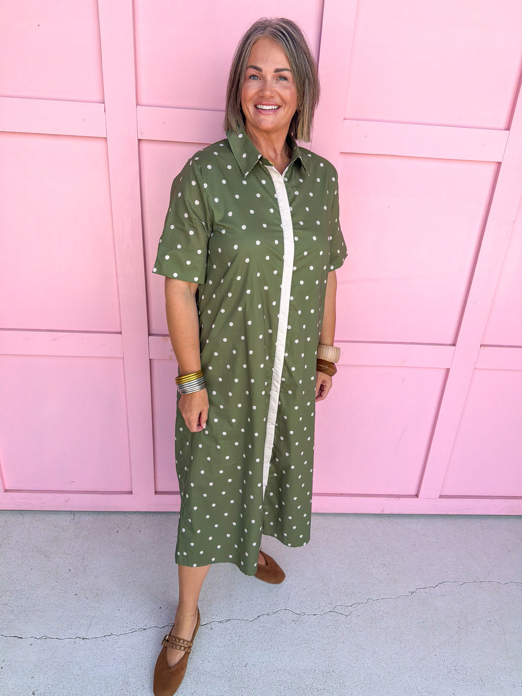 Jincy's Women's Boutique Fall Transition Styles Everyday Wear Autumn Edit Olive Tent Style Ivory Polka Dot Midi Maxi Dress Entro D32667