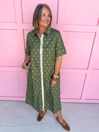 Jincy's Women's Boutique Fall Transition Styles Everyday Wear Autumn Edit Olive Tent Style Ivory Polka Dot Midi Maxi Dress Entro D32667