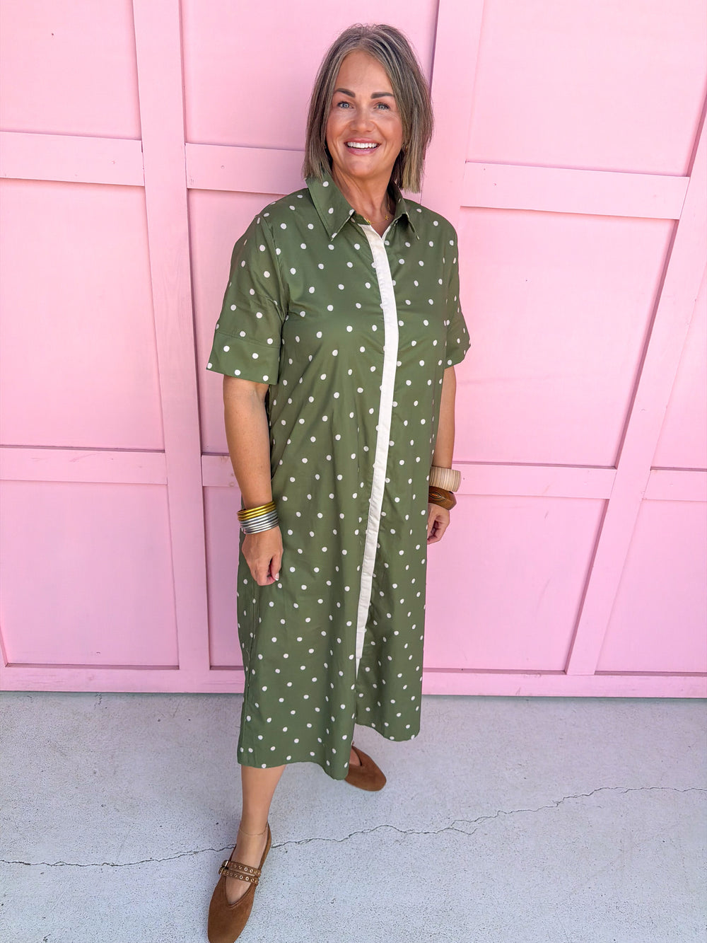 Jincy's Women's Boutique Fall Transition Styles Everyday Wear Autumn Edit Olive Tent Style Ivory Polka Dot Midi Maxi Dress Entro D32667