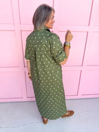 Jincy's Women's Boutique Fall Transition Styles Everyday Wear Autumn Edit Olive Tent Style Ivory Polka Dot Midi Maxi Dress Entro D32667