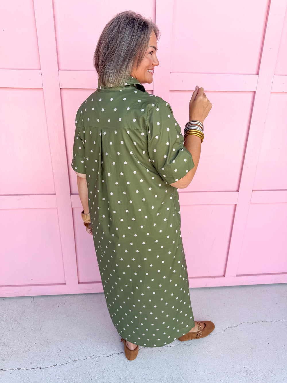 Jincy's Women's Boutique Fall Transition Styles Everyday Wear Autumn Edit Olive Tent Style Ivory Polka Dot Midi Maxi Dress Entro D32667