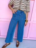 Jincy's Women's Boutique Fall Transition Styles Everyday Wear Autumn Edit Wide Leg Denim Crop Pants with Brown Scallop Trim Entro P32325