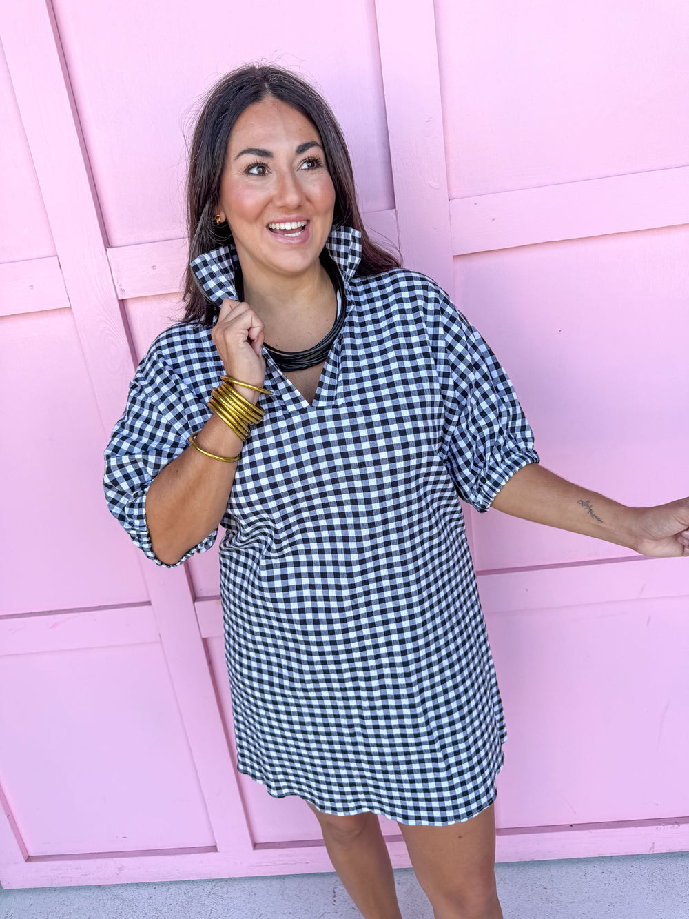 Jincy's Women's Boutique Game Day Adrienne Charlotte Dress Black Seer Gingham Mini Dress Plus Size
