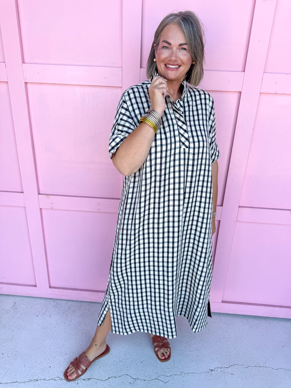 Jincy's Women's Boutique Game Day Black Gingham Short Sleeve Midi Maxi Dress Oversized Everyday Wear Entro D31501